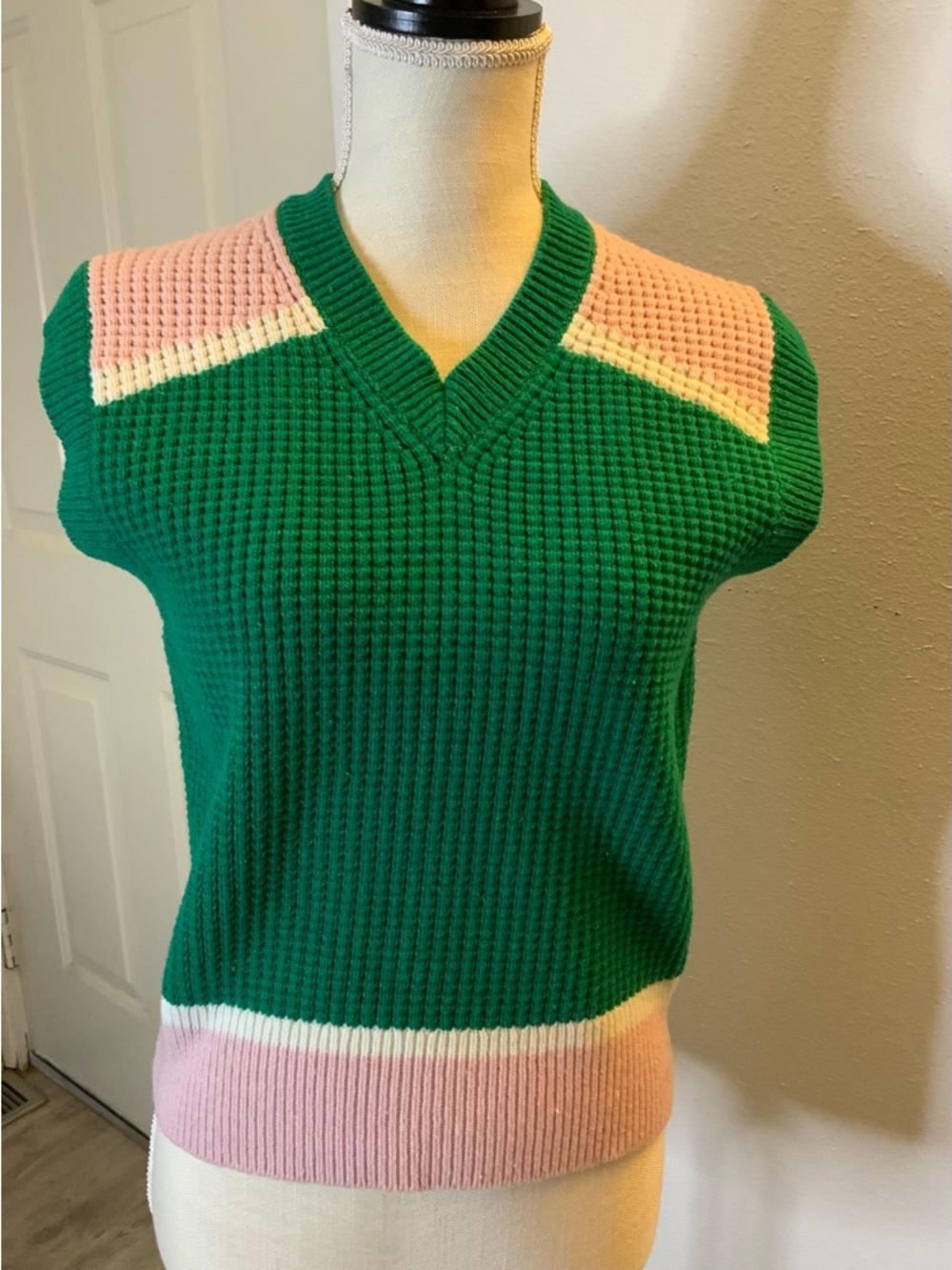 Marni Green V-Neck Knit Vest with Pink and Cream Accents